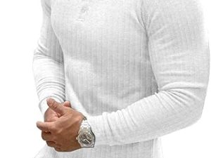 Muscle Cmdr Men's Ribbed Henley Shirt Slim Fit Muscle Shirt Fitted Cotton Long Sleeve Casual T-Shirt White