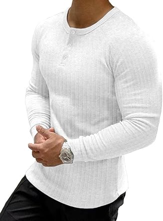 Muscle Cmdr Men's Ribbed Henley Shirt Slim Fit Muscle Shirt Fitted Cotton Long Sleeve Casual T-Shirt White