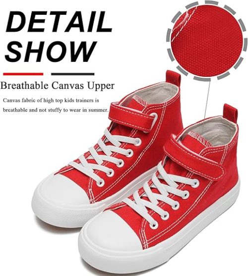 Maxvinci Girls Trainers High Top Kids Easy Fasten Canvas Shoes Toddler Boys Lightweight School PE Pumps Casual Shoes (Red 200) - Image 3
