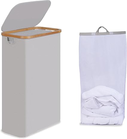 Efluky 75L Slim Laundry Baskets with Lid, Collapsible Laundry Hamper with Removable Bag, Small Slimline Washing Basket for Dirty Clothes, Cloth Storage Basket Light Grey