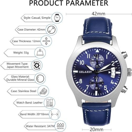 GELAXSY Men's 42mm Chronograph Quartz Watches with Analogue Display Date Window and Leather Strap Water Resistant Wrist Watches for Men (Blue) - Image 6