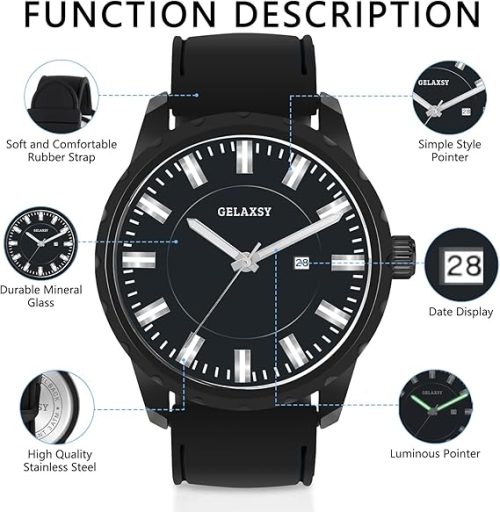 GELAXSY Mens Watches 48mm Large Face Quartz Watches with Analogue Display Date Window and Rubber Strap Wrist Watches for Men Water Resistant Watches for Men - Image 4