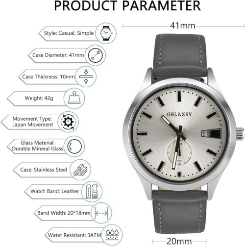 GELAXSY Men's 41mm Quartz Watches with Analogue Display Date Window and Leather Strap Water Resistant Wrist Watches for Men (Gray Silver) - Image 5