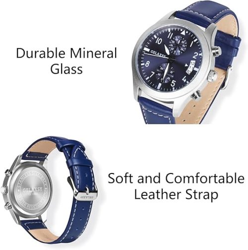 GELAXSY Men's 42mm Chronograph Quartz Watches with Analogue Display Date Window and Leather Strap Water Resistant Wrist Watches for Men (Blue) - Image 2