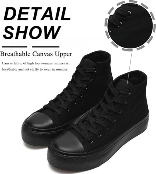 Maxvinci Ladies Canvas Shoes Women High Top Platform Trainers Lace Up Pumps Plimsolls Fashion Sneakers Casual Canvas Tennis Shoes for Women Black - Image 3
