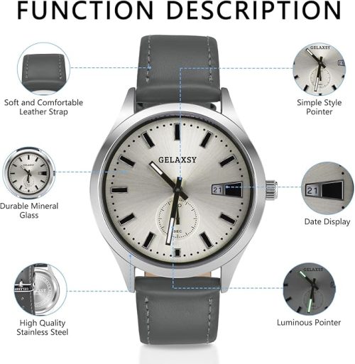 GELAXSY Men's 41mm Quartz Watches with Analogue Display Date Window and Leather Strap Water Resistant Wrist Watches for Men (Gray Silver) - Image 4