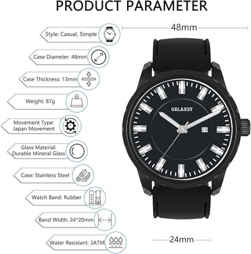 GELAXSY Mens Watches 48mm Large Face Quartz Watches with Analogue Display Date Window and Rubber Strap Wrist Watches for Men Water Resistant Watches for Men - Image 5