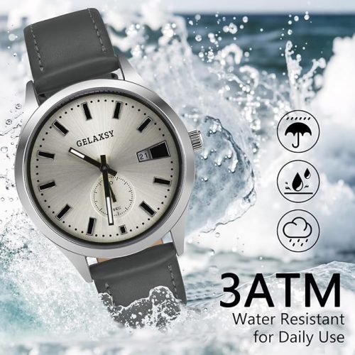 GELAXSY Men's 41mm Quartz Watches with Analogue Display Date Window and Leather Strap Water Resistant Wrist Watches for Men (Gray Silver) - Image 6