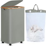 Efluky Laundry Basket on Wheels, 100L Laundry Bins with Bamboo Handles and Removable Bag, Collapsible Laundry Basket with Lid for Bedroom, Bathroom, Laundry Room