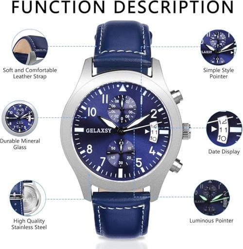 GELAXSY Men's 42mm Chronograph Quartz Watches with Analogue Display Date Window and Leather Strap Water Resistant Wrist Watches for Men (Blue) - Image 3