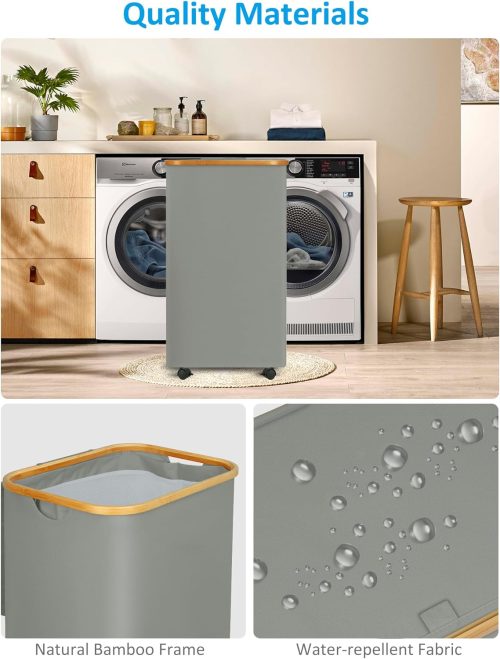 Efluky Laundry Basket on Wheels, 100L Laundry Bins with Bamboo Handles and Removable Bag, Collapsible Laundry Basket with Lid for Bedroom, Bathroom, Laundry Room - Image 3
