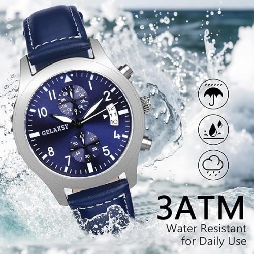 GELAXSY Men's 42mm Chronograph Quartz Watches with Analogue Display Date Window and Leather Strap Water Resistant Wrist Watches for Men (Blue) - Image 4