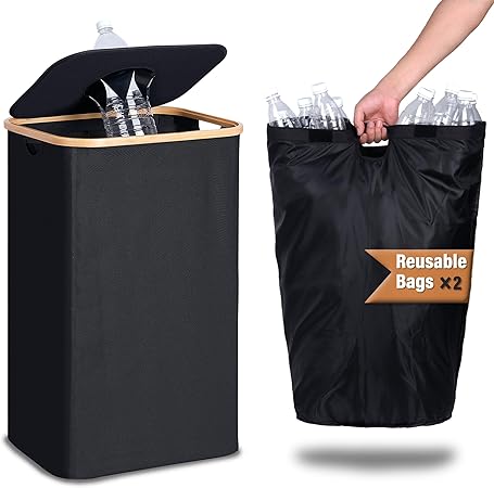 Efluky Deposit Bottle Collector Bins with Lid, 100L Deposit Recycling Bottle Bins with 2 Carrying Bags, Storage Empty Bottle Collector for Home - Black
