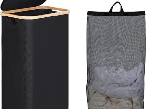 Efluky Slim Laundry Basket with Lid, Tall Narrow Washing Basket for Laundry, Folding Small Slimline Laundry Baskets for Dirty Clothes, 75L Cloth Storage Basket Black
