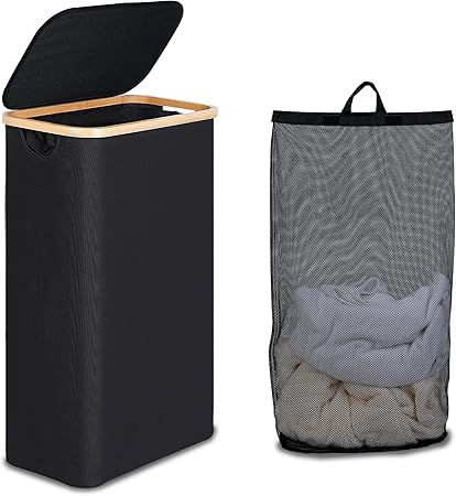 Efluky Slim Laundry Basket with Lid, Tall Narrow Washing Basket for Laundry, Folding Small Slimline Laundry Baskets for Dirty Clothes, 75L Cloth Storage Basket Black