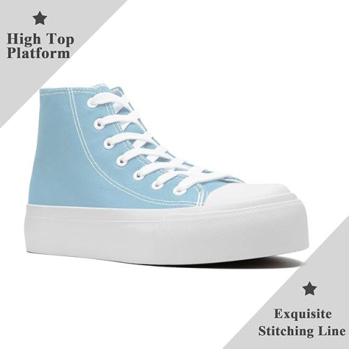 Maxvinci Ladies Canvas Shoes Women High Top Platform Trainers Lace Up Pumps Plimsolls Fashion Sneakers Casual Canvas Tennis Shoes for Women Light Blue - Image 4