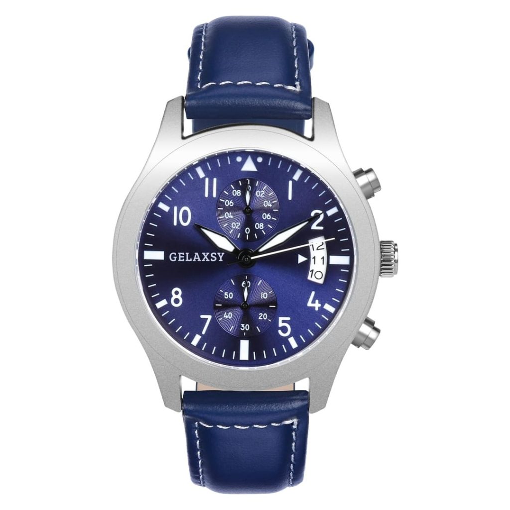 GELAXSY Men's 42mm Chronograph Quartz Watches with Analogue Display Date Window and Leather Strap Water Resistant Wrist Watches for Men (Blue)