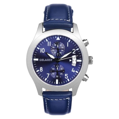 GELAXSY Men's 42mm Chronograph Quartz Watches with Analogue Display Date Window and Leather Strap Water Resistant Wrist Watches for Men (Blue)