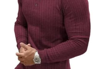 Muscle Cmdr Men's Ribbed Henley Shirt Slim Fit Muscle Shirt Fitted Cotton Long Sleeve Casual T-Shirt Red