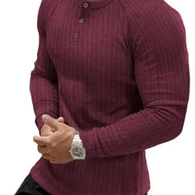 Muscle Cmdr Men's Ribbed Henley Shirt Slim Fit Muscle Shirt Fitted Cotton Long Sleeve Casual T-Shirt Red